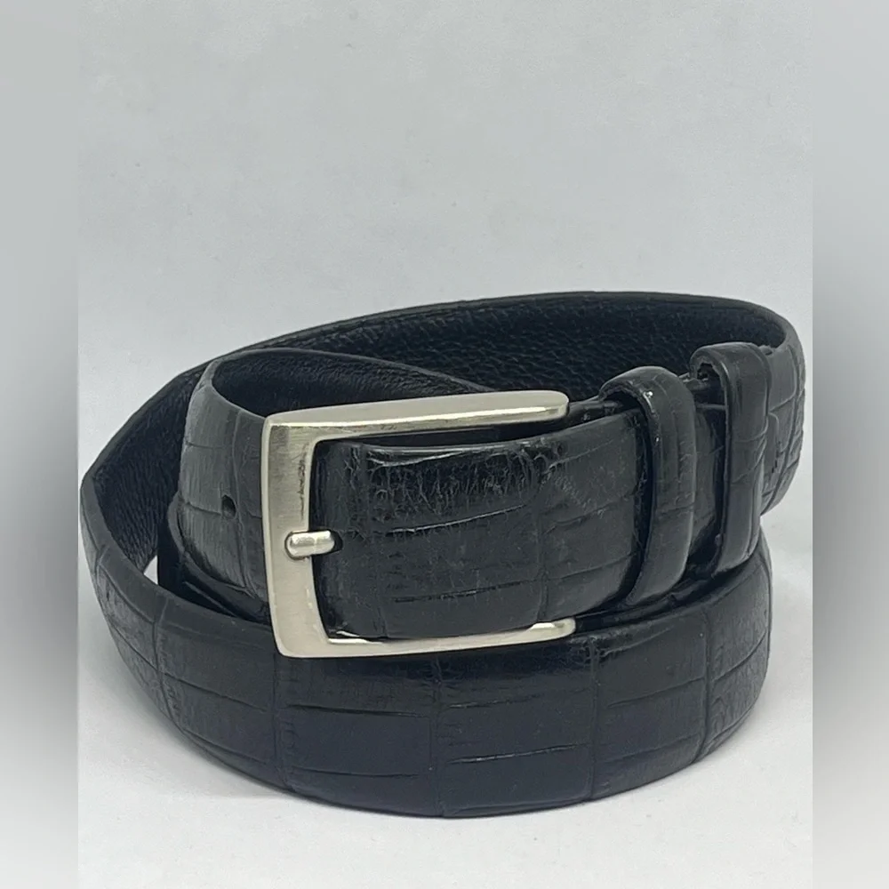 Stylish Black Croc-Embossed LEATHER Belt with Silver Buckle. DRESS BELT.